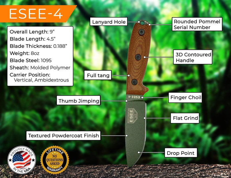 ESEE-4 فولاذ كربوني 1095، غمد أسود (شفرة خضراء داكنة، مقبض قماش ميكارتا طبيعي ثلاثي الأبعاد) - Image 2